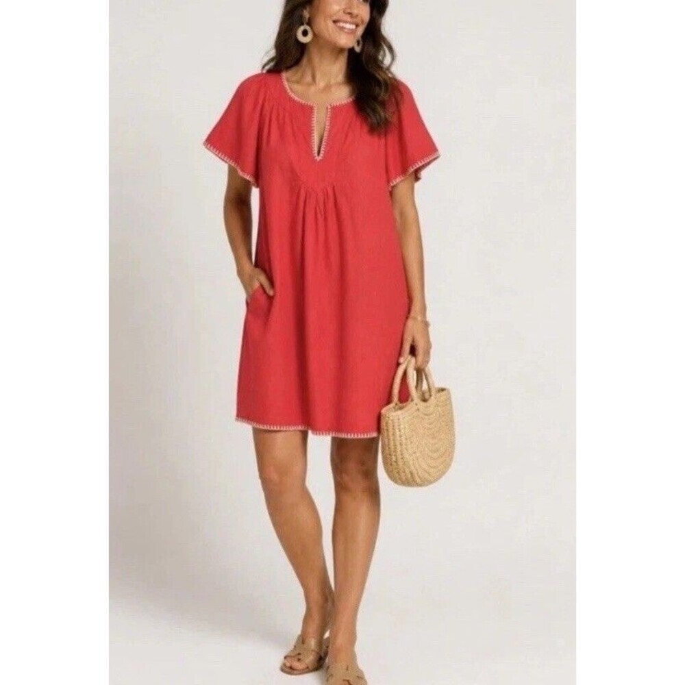 Magaschoni Women’s Coral ‘Poppy’ Linen Flutter Sleeve Dress Size Small/P